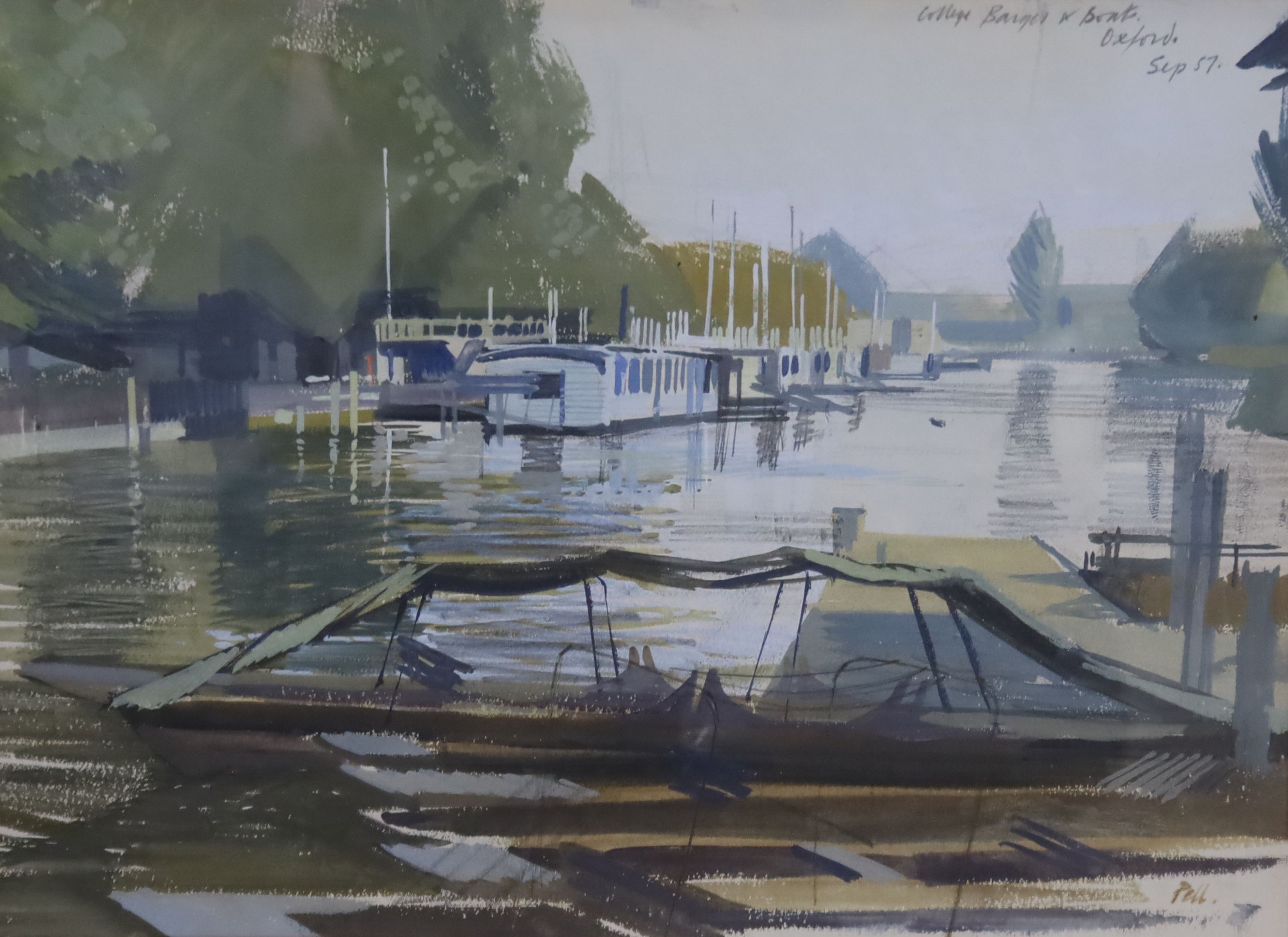Robert Pell, watercolour and gouache, College of barges and boats October 57, inscribed verso with original Bear Lane Gallery bill of sale, 22 x 30cm